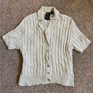 Women’s Cream Cable Knit Button Up Collared Shirt Short Sleeve Cardigan Size L